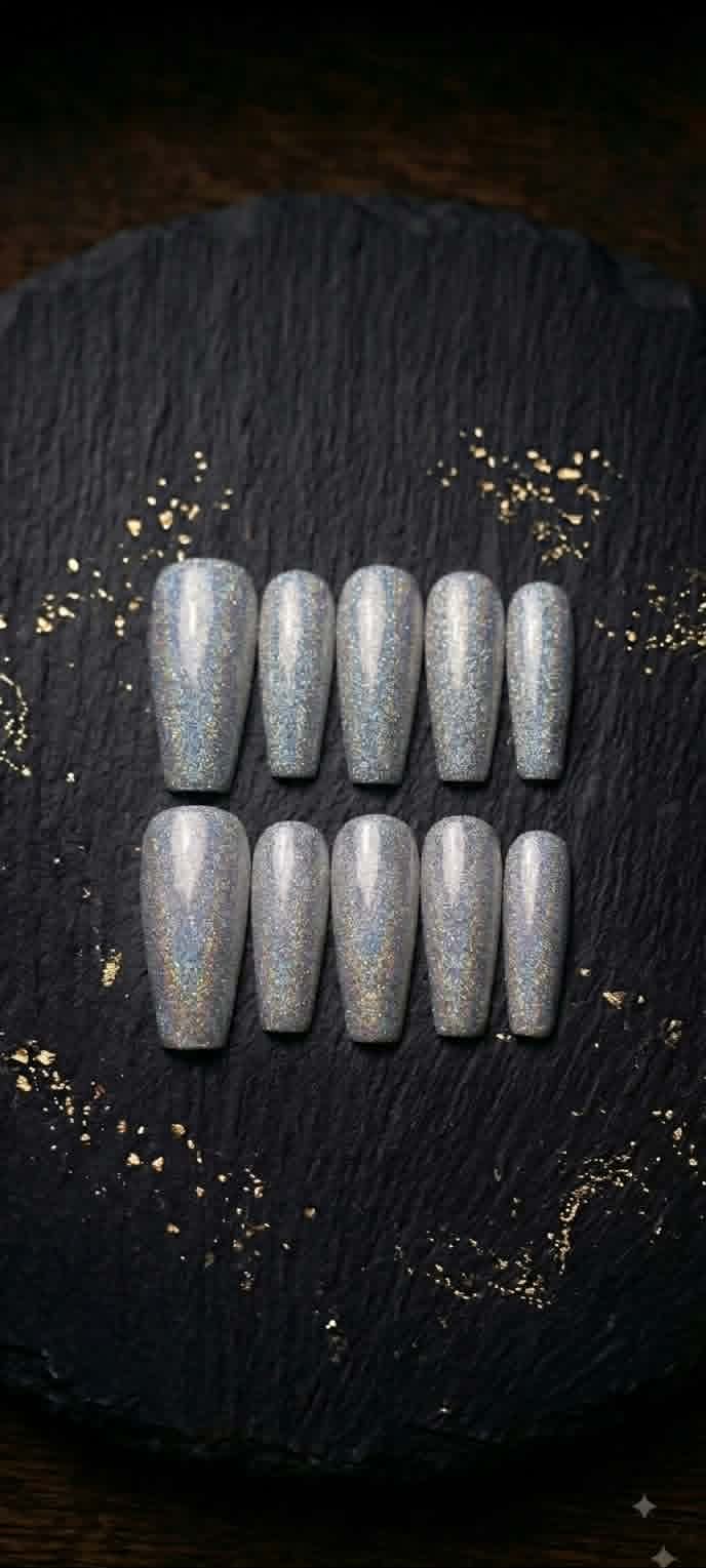 Silver Crest Nails — detail view, handmade press-on nails