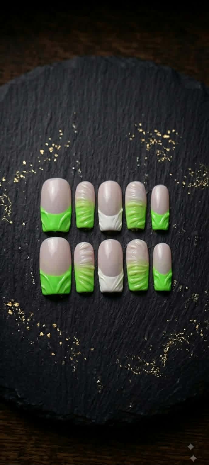 Green Gremlin Nails — detail view, handmade press-on nails