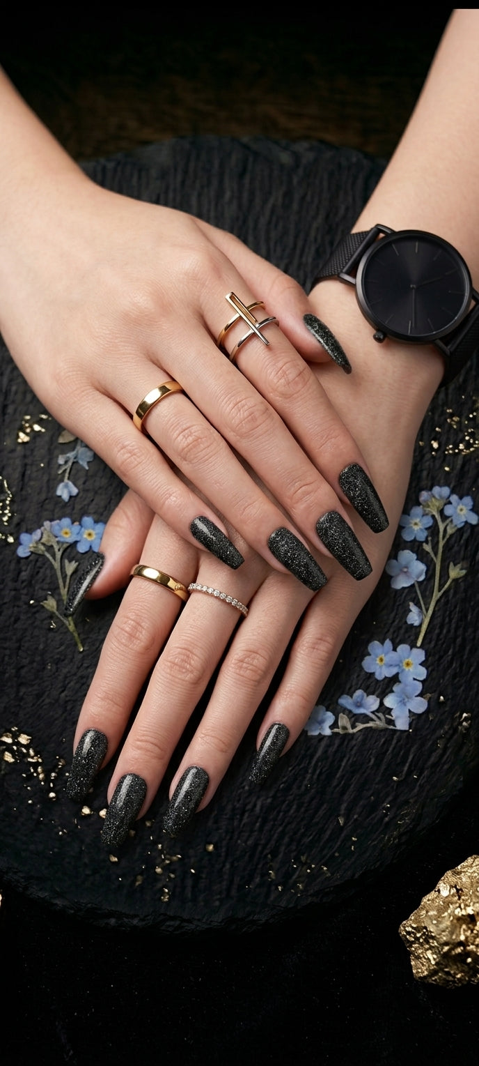 Dark Crystal Ballerina/Square — handmade press-on nails by EasyOn Nails Cyprus